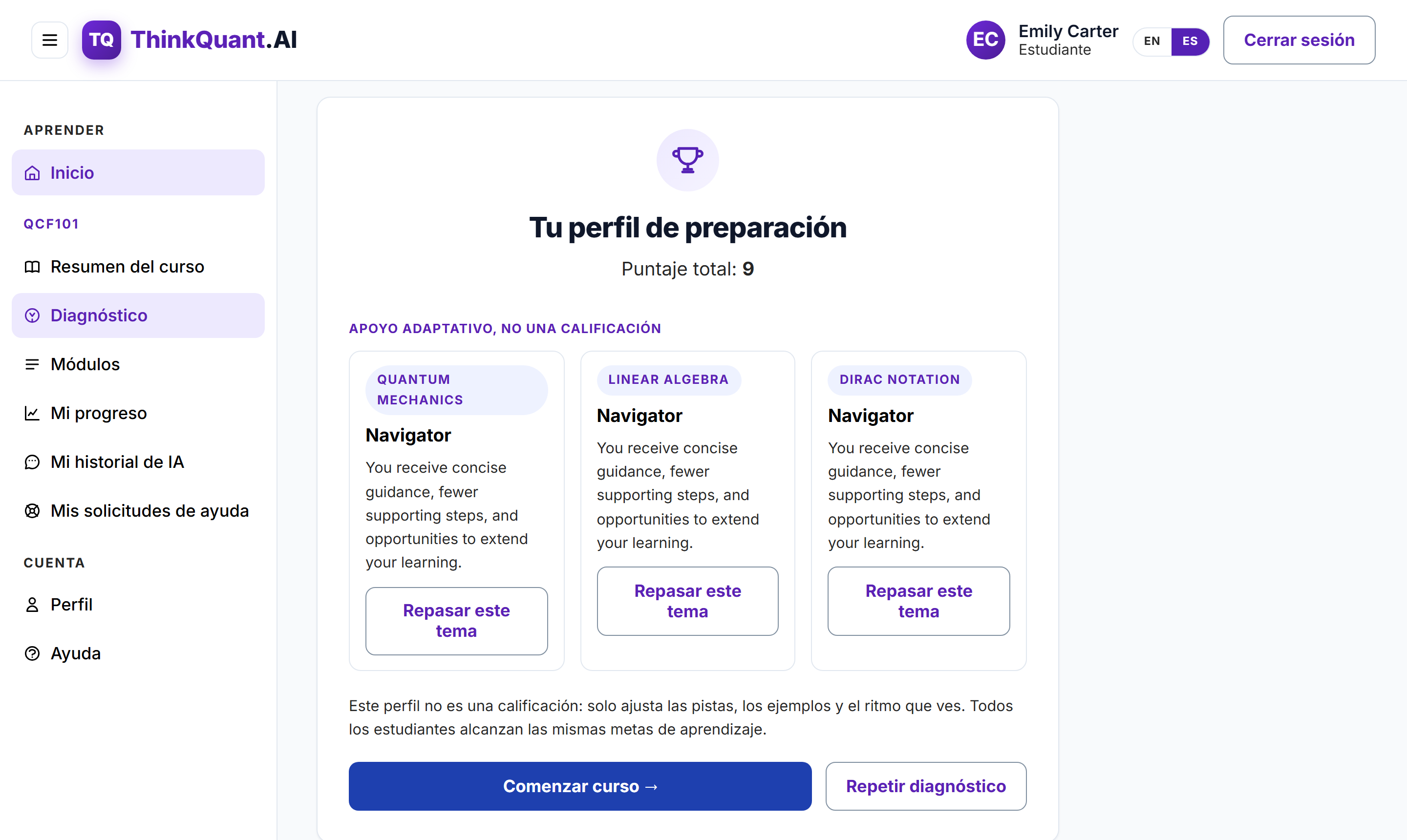 Resultado del diagnóstico en ThinkQuant.AI con una tarjeta de perfil de preparación por eje temático y botones de Repasar este tema