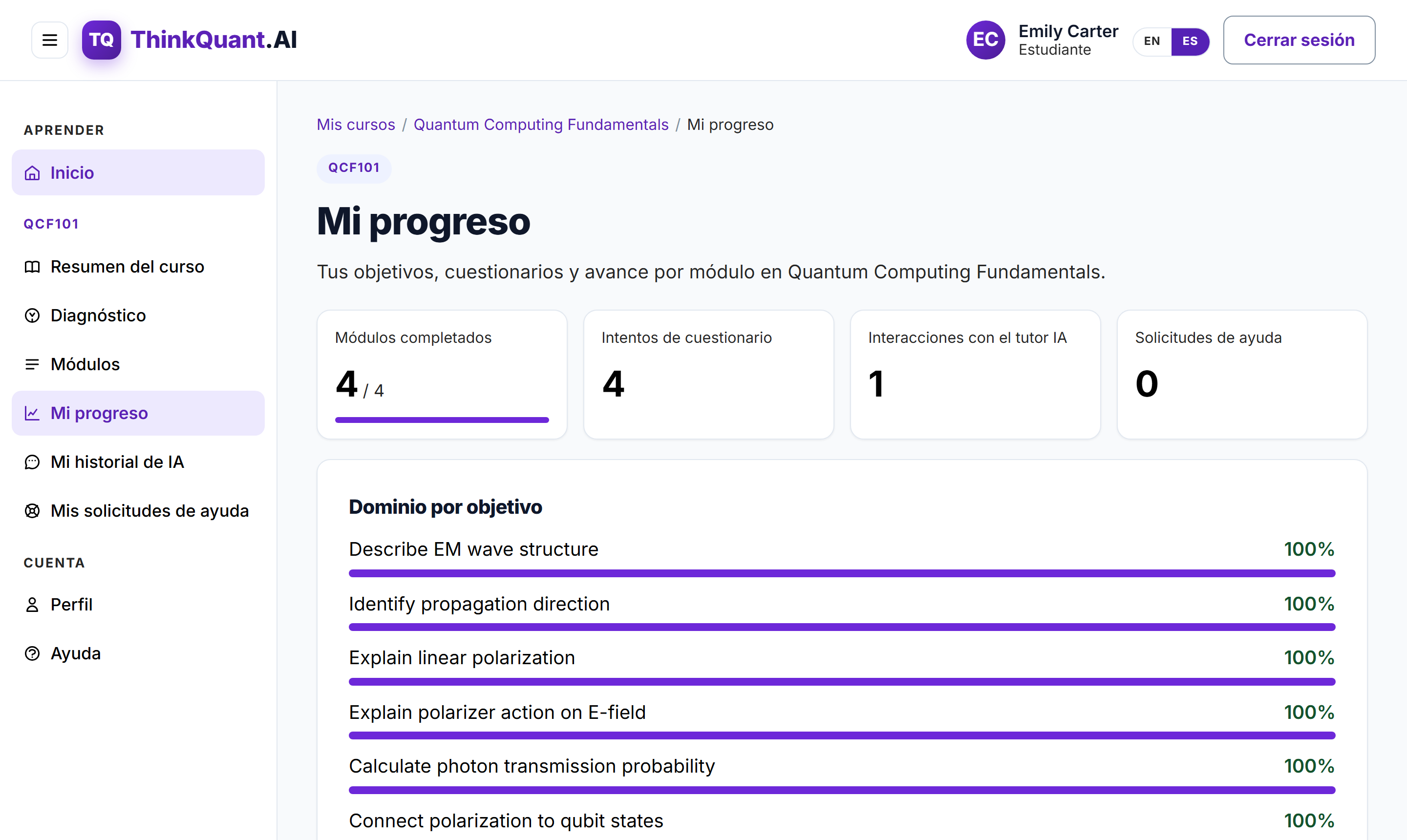 Panel de progreso del estudiante en ThinkQuant.AI con módulos completados, intentos de cuestionario, interacciones con el tutor IA y barras de dominio por objetivo