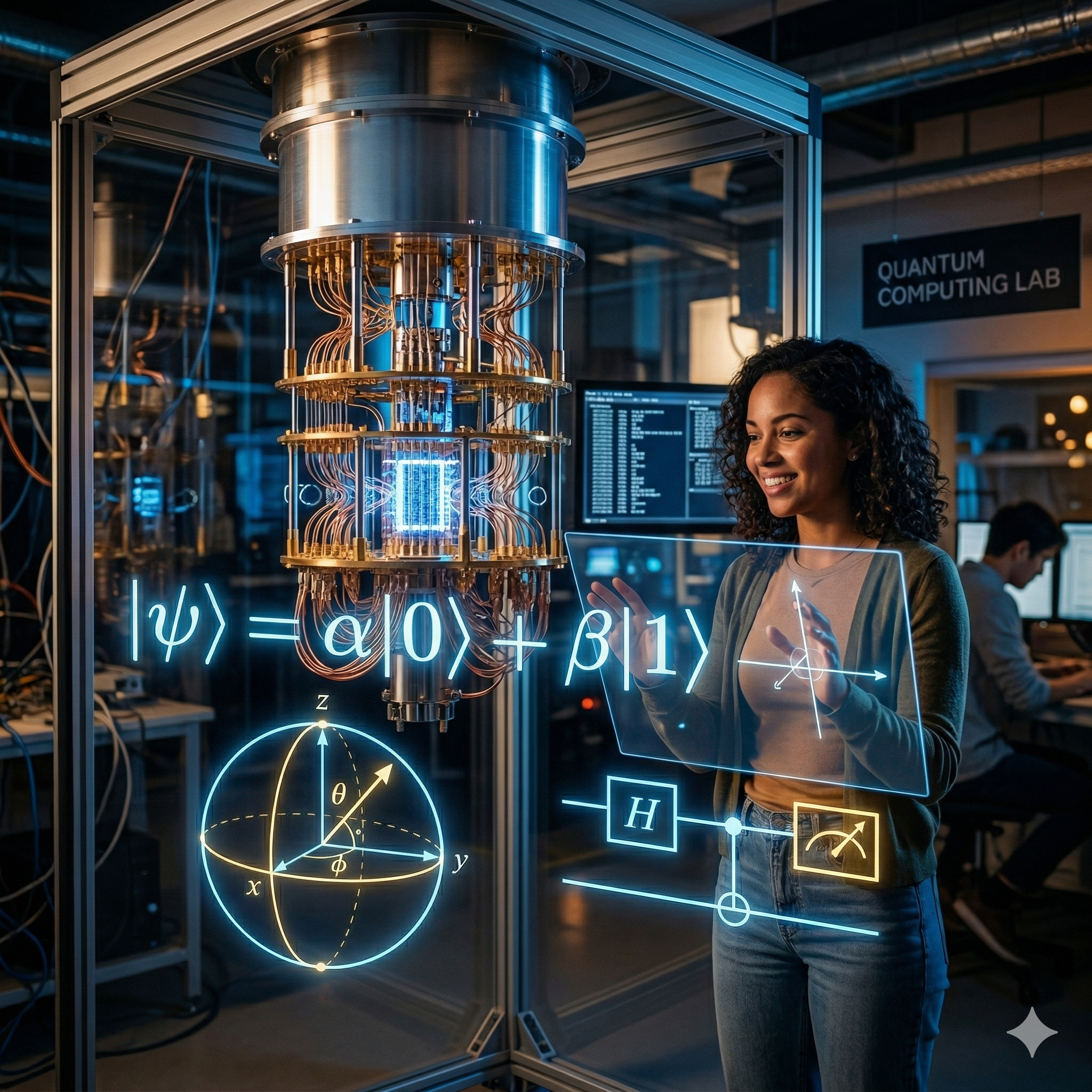 Quantum computing laboratory with a superconducting quantum processor, a qubit state |ψ⟩ = α|0⟩ + β|1⟩, and a Bloch sphere representation